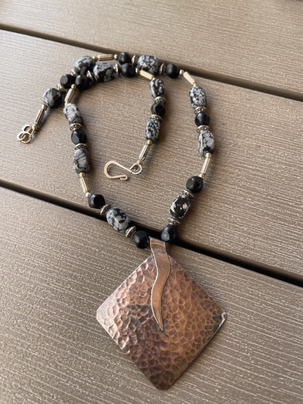 Handcrafted sterling silver gemstone Pendant Necklace with Black & Gray Beads